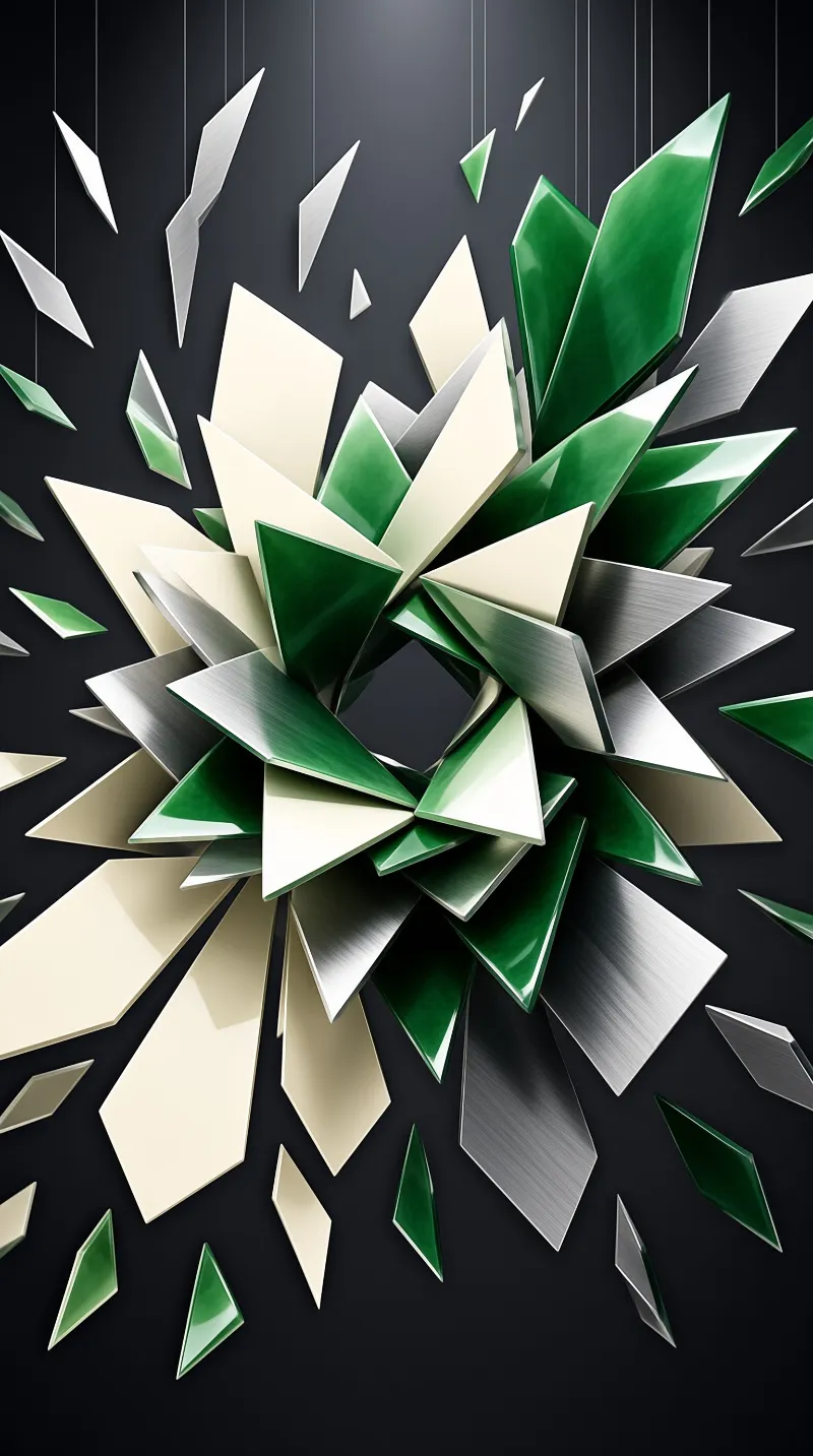 Radiating cluster of glossy green, cream and brushed metal blades hung on fine wires against a charcoal backdrop