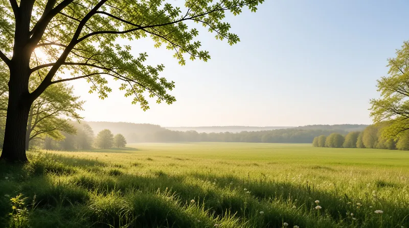 Sunlight shines through tree leaves on the left above a green field with fog rolling over distant woods in the background.