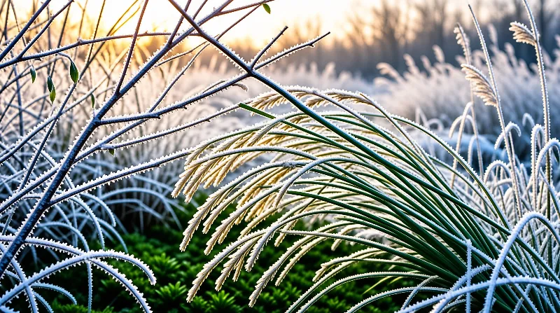 Ice crystals line grass blades and bare twigs in a winter meadow while warm golden sunlight glows through the background.