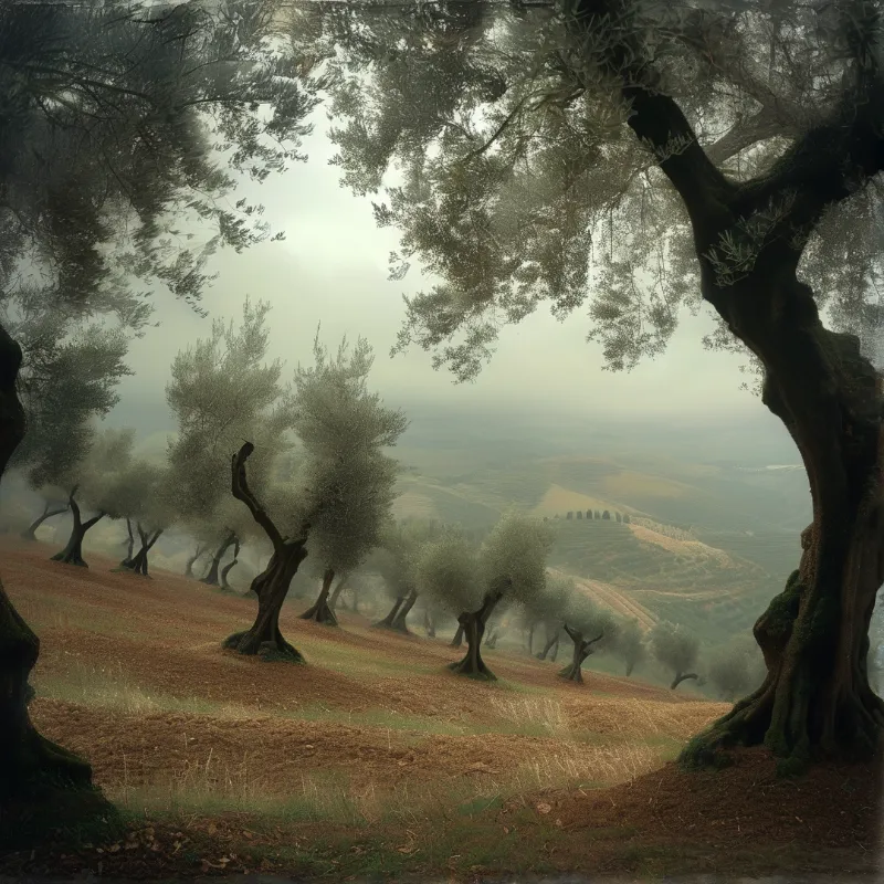 Gnarled trunks march down a slope of turned earth as pale mist washes out the distant ridges and their rows of crops.