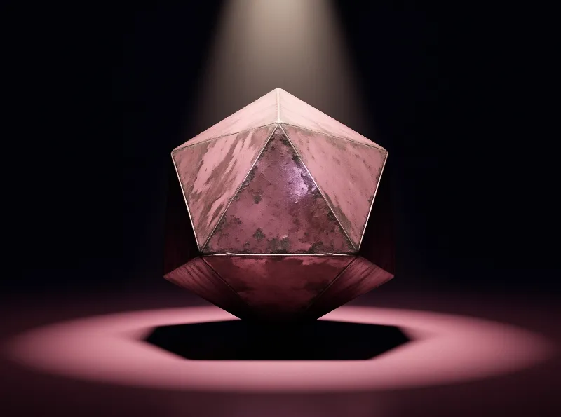 A marbled mauve icosahedron floats above a dark reflective surface illuminated by a top spotlight.