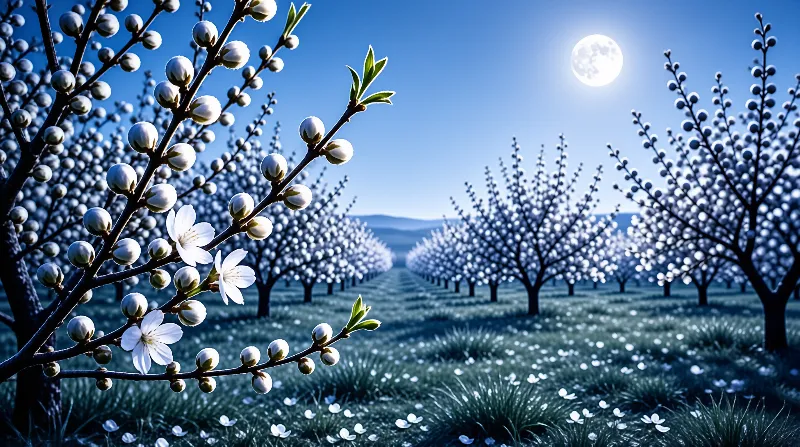 Rows of white flowering trees stand in a wide field with a luminous sun shining in the blue sky above.