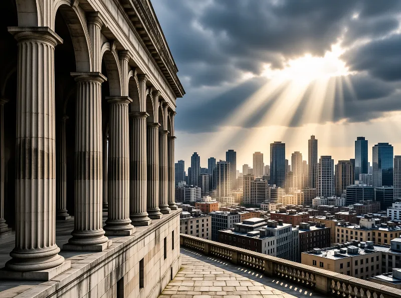 Stone columns line a terrace facing a dense urban landscape illuminated by beams of sunlight cutting through heavy clouds.