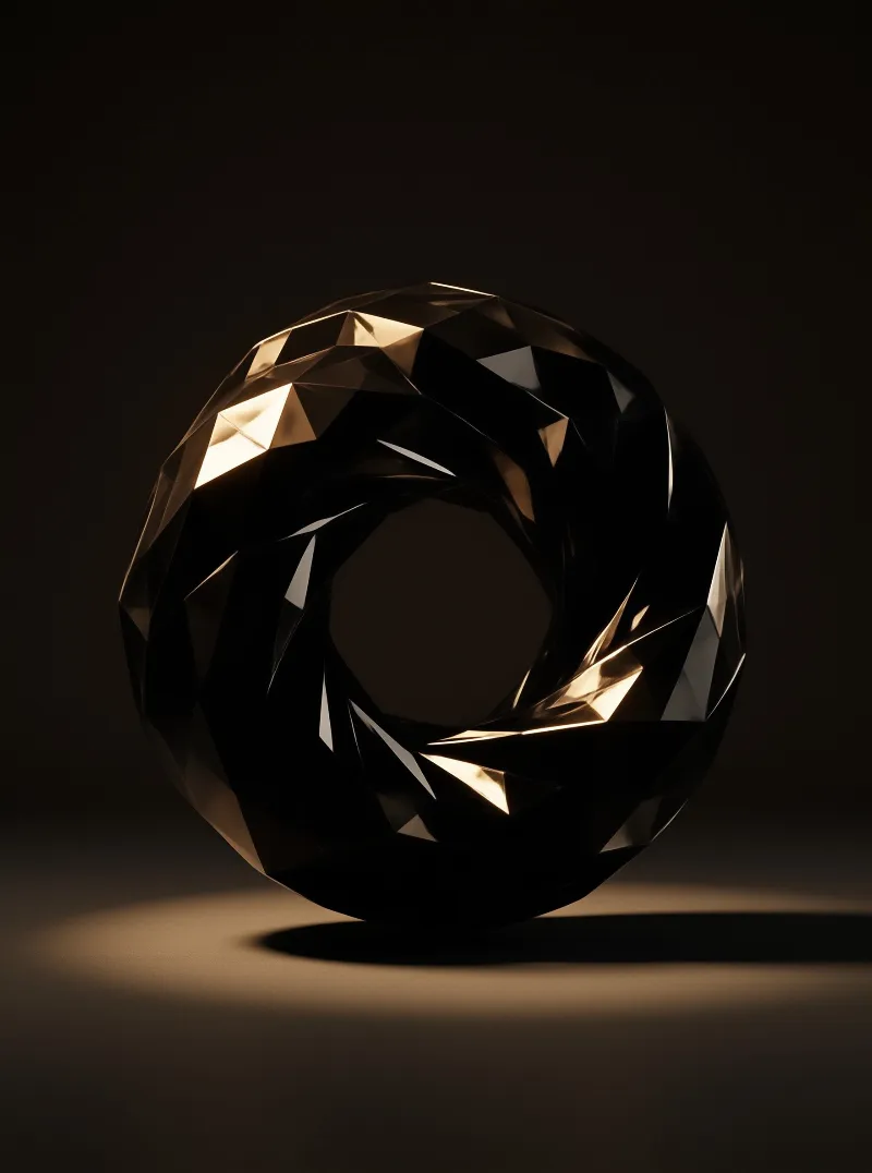 A dark, faceted ring sculpture rests on a smooth surface while catching directional warm light that highlights its sharp, angular planes.
