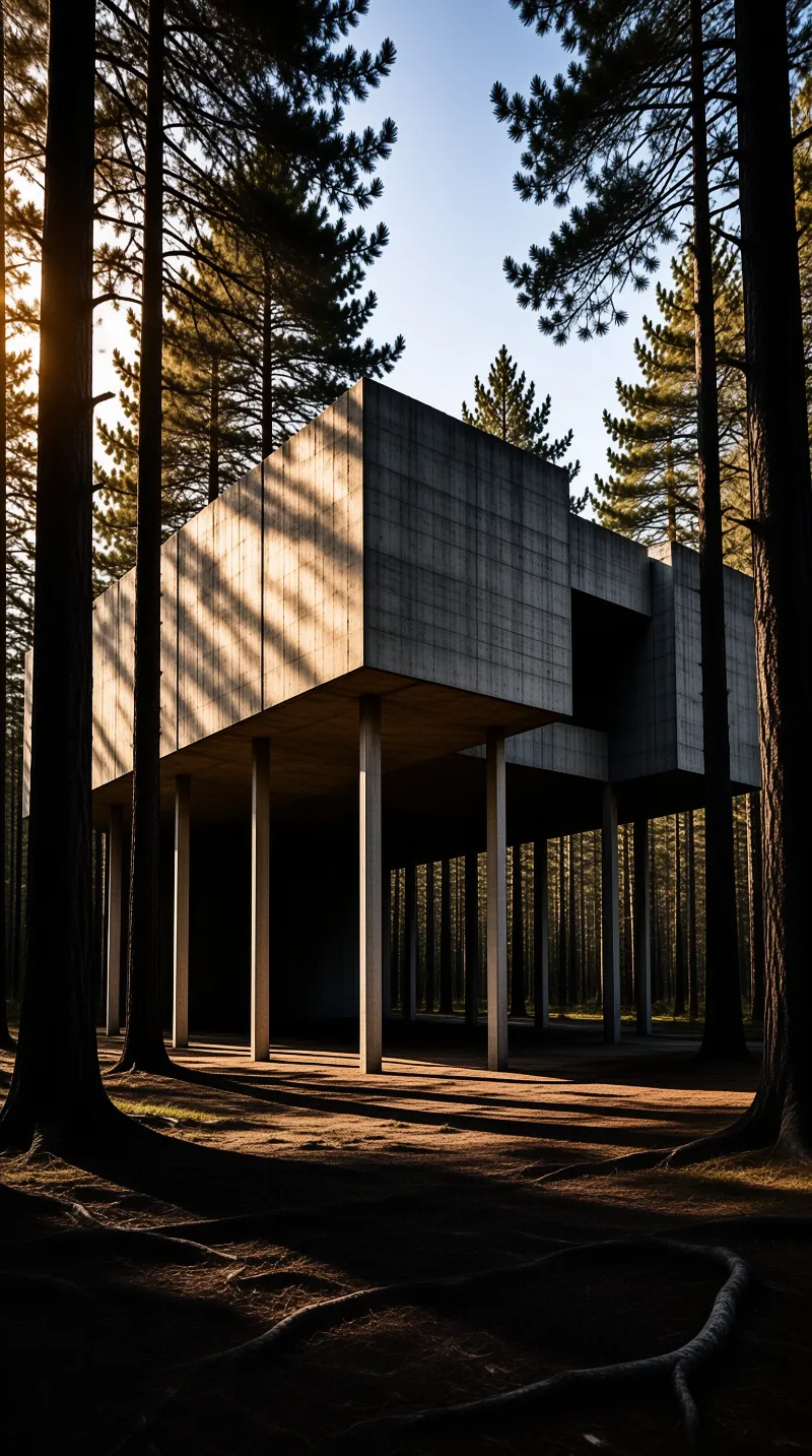 A minimalist concrete building sits on slender pillars amidst tall trees with warm sunlight filtering through branches.
