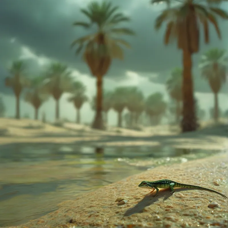 A small reptile walks along a wet shoreline with blurred palm trees in the misty background under cloudy skies.