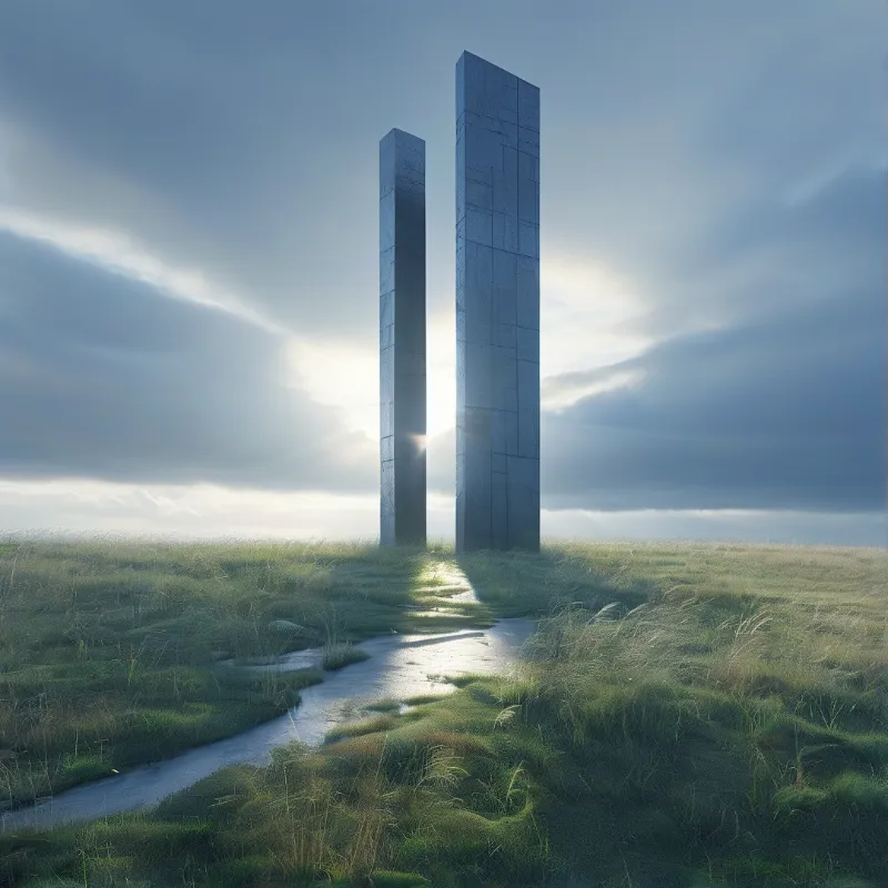 Twin Monoliths in Misty Field