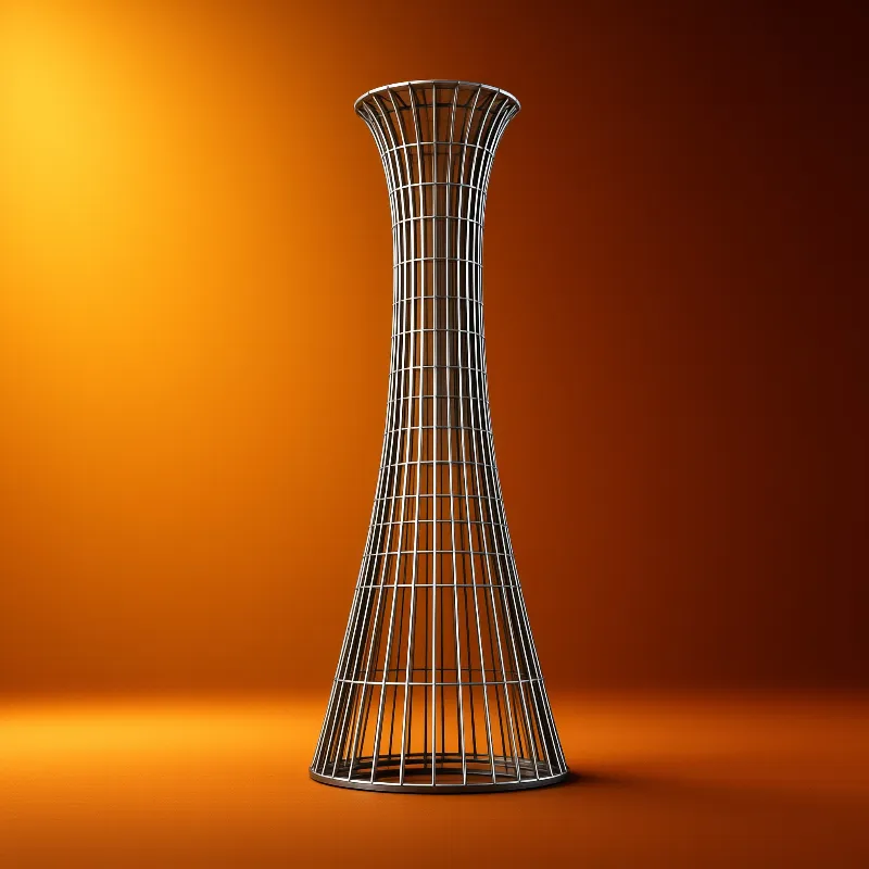 A tall silver wireframe vase stands centered against a smooth warm orange gradient background.