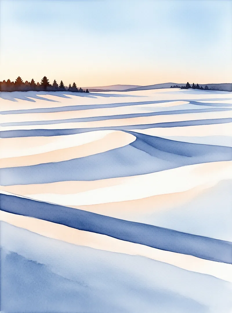 Softly shaded snow covered rolling hills stretch across the frame towards a distant treeline under pale pastel sunset lighting