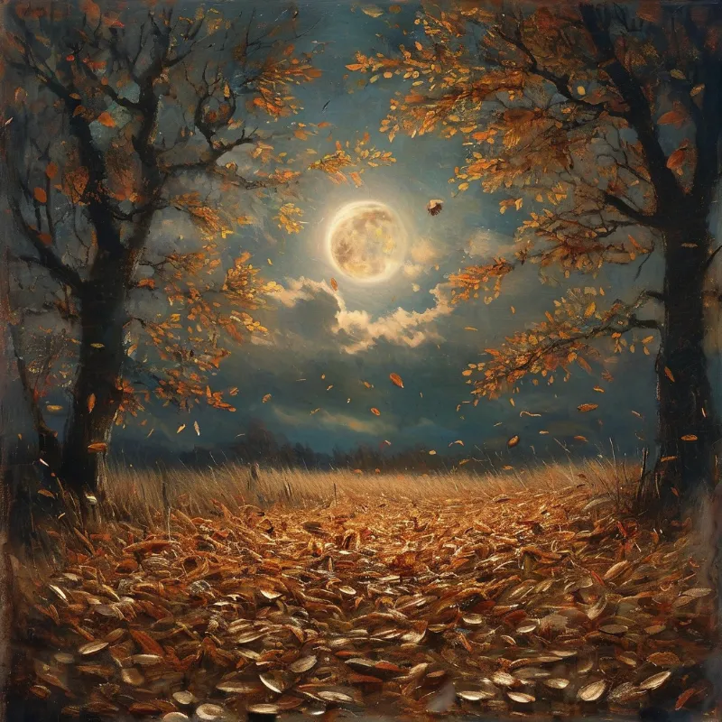 Dark tree trunks frame a field of fallen leaves while a round moon breaks through heavy cloud above amber branches.