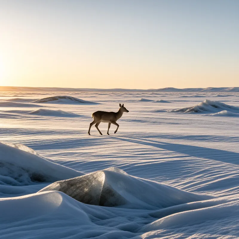 A brown deer walks alone through a vast snowy plain where morning sunlight casts long shadows across wind-sculpted drifts