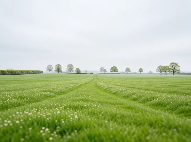 A lush green farm field dotted with small white wildflowers leads toward scattered trees in pale foggy distance