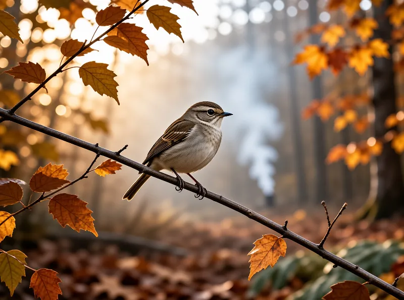 A small brown songbird sits on a dark branch surrounded by orange maple leaves, soft sunlight filters through the trees.