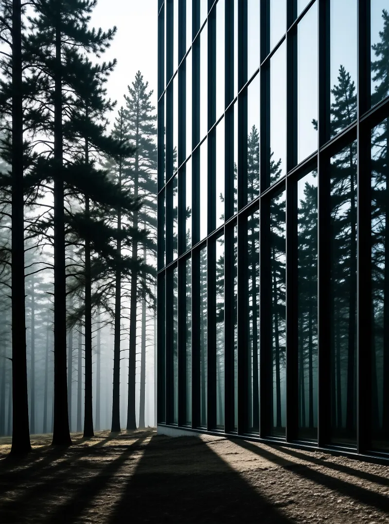 A contemporary glass wall rises within a dense woodland, while low sun creates dark elongated shadows on the earth.