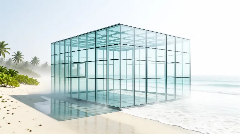 A minimalist transparent glass box rests on a misty tropical beach with palm trees and calm ocean waves.