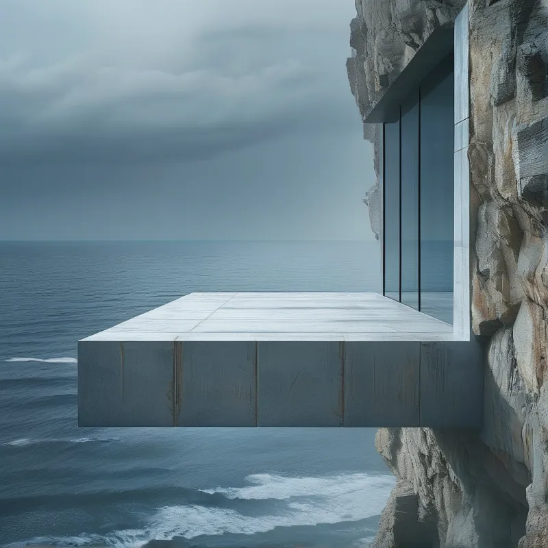 A minimalist concrete observation deck extends from a rugged cliff face above the dark churning ocean under an overcast sky.
