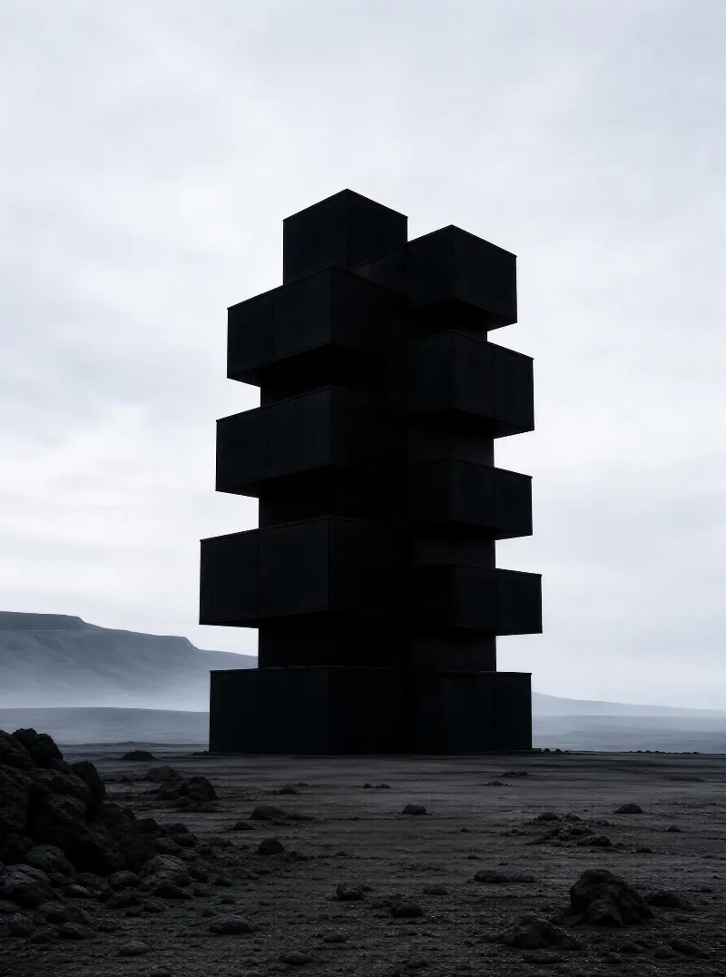 A tall structure of dark stacked cubes stands alone in a rocky landscape under an overcast sky