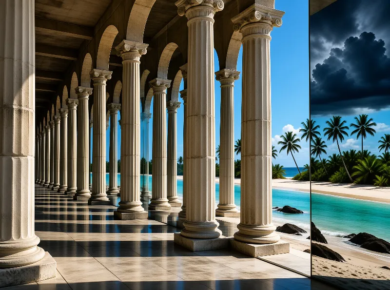 Rows of classical columns frame a bright tropical beach with turquoise water and storm clouds