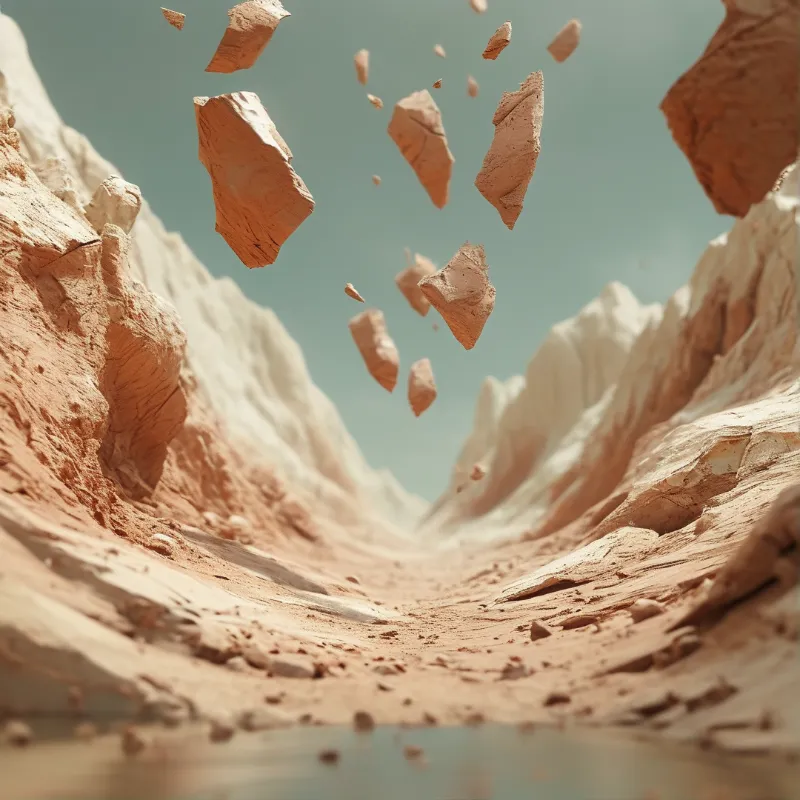 Earth-toned rock fragments hover above a canyon floor with water at the base under a clear sky