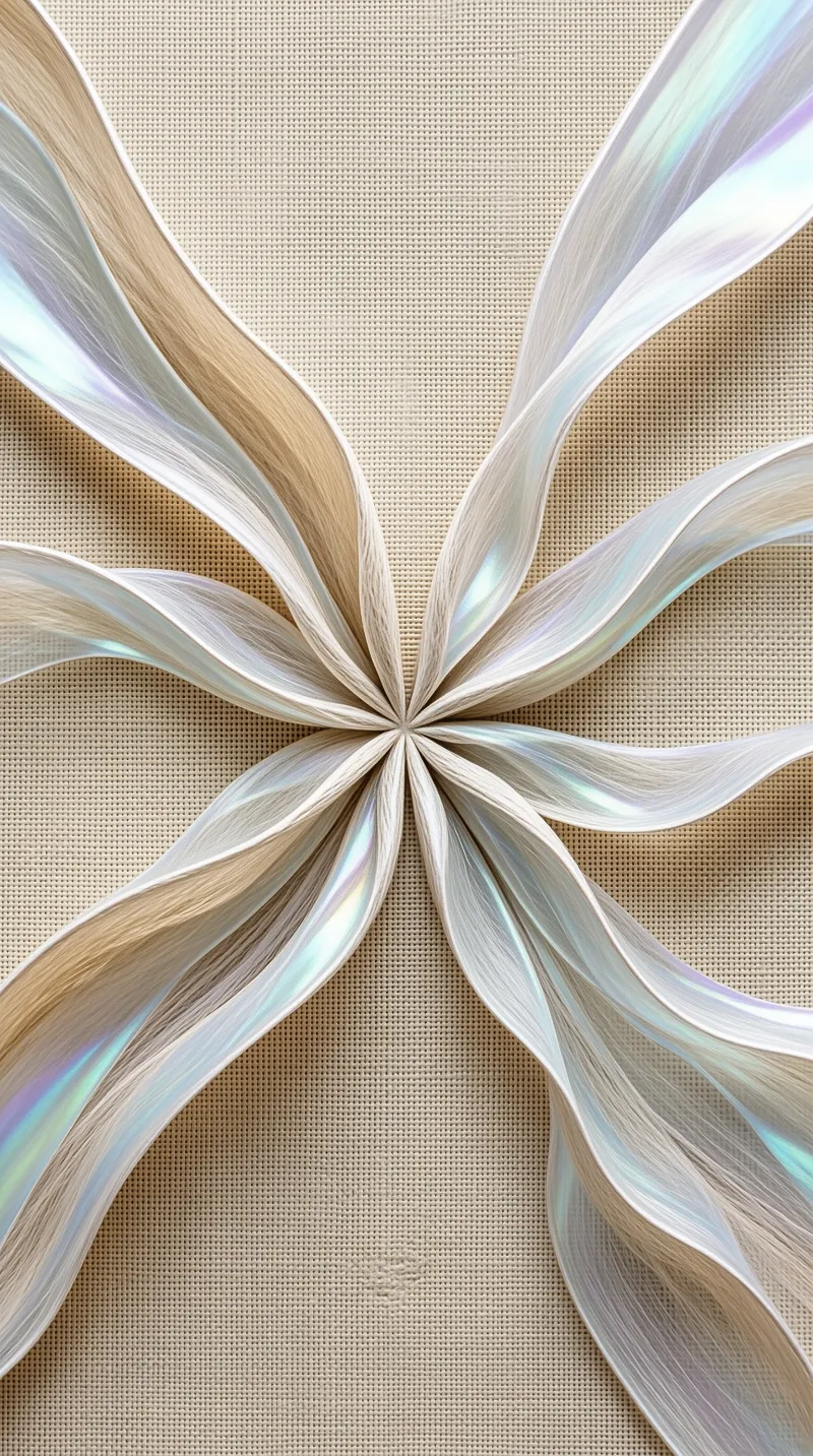 Glossy cream filaments fan outward from a central knot over a beige textile, their edges shimmering with rainbow tones.