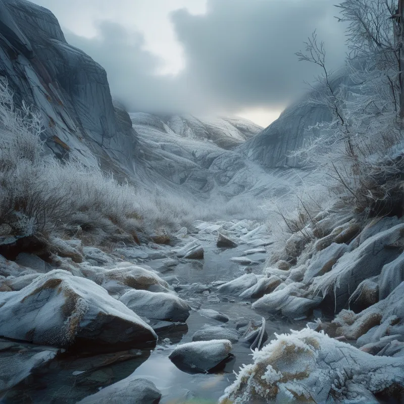 A narrow stream winds between snow covered boulders under an overcast sky while frosty bushes line the banks leading toward distant mountains.