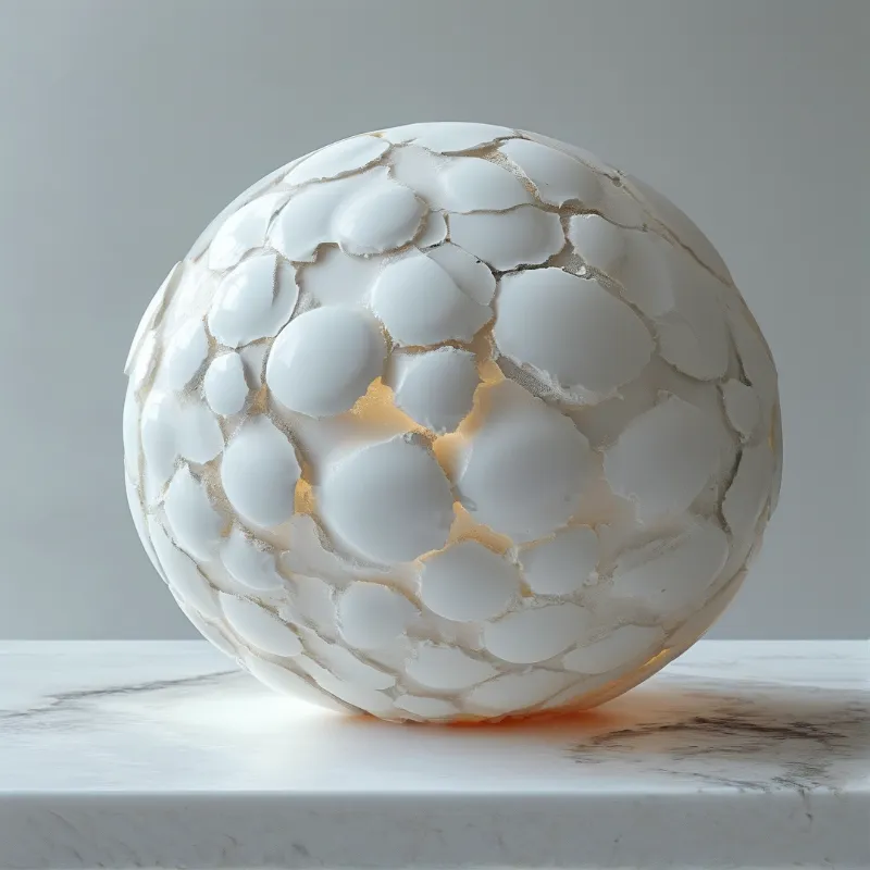 A white spherical object with a cracked surface sits on a marble table, revealing a warm orange glow from within.