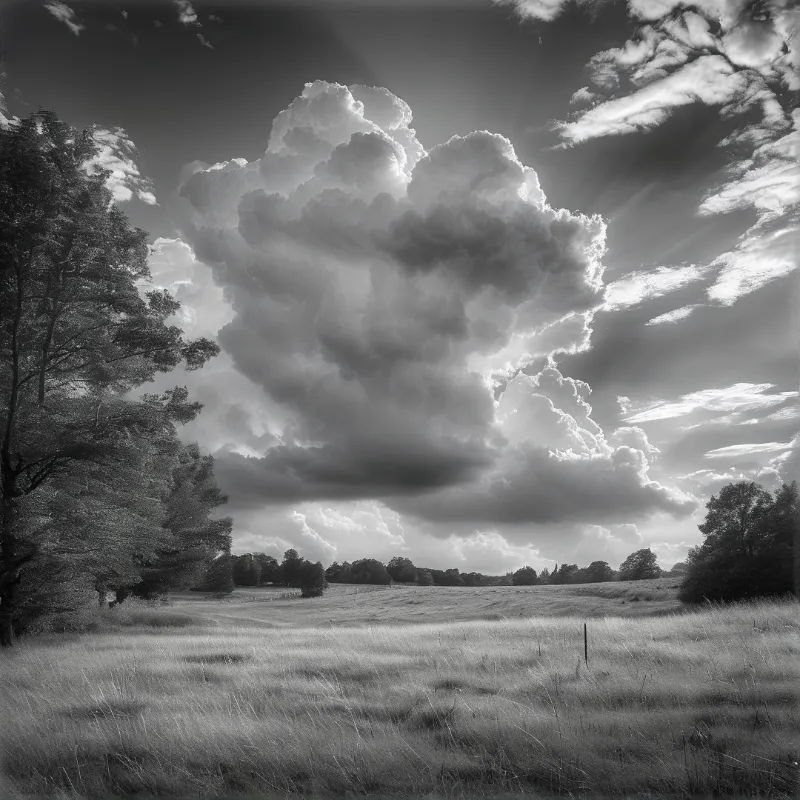 A massive cloud formation rises above a grassy field with trees on either side and sunbeams cutting through the sky.