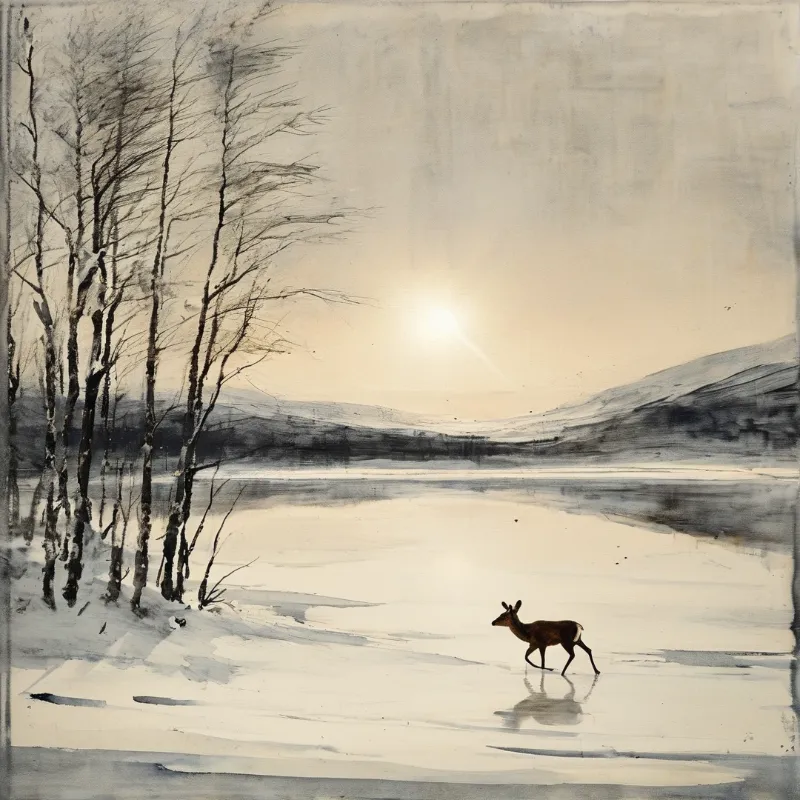 A brown deer walks across a frozen snow-covered lake with bare trees at the edge and a bright low sun over distant hills.