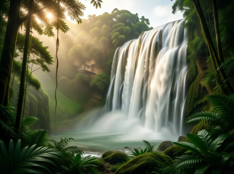 Sunlit Jungle Waterfall