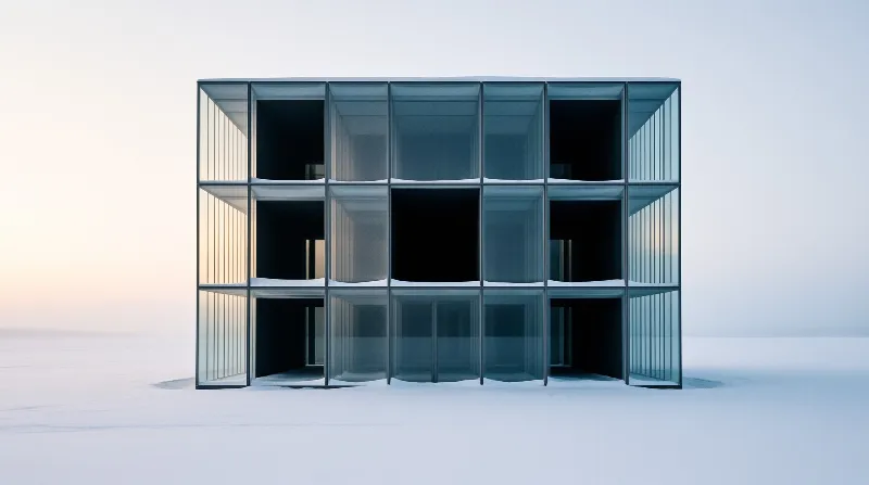 Transparent glass rooms stacked in a grid rise from flat snow, catching pale pink dawn light at the left edge.