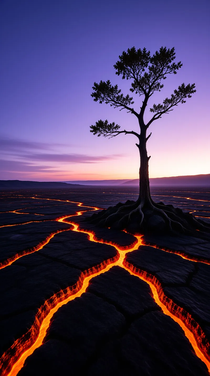 A silhouetted tree with exposed roots stands on dark ground fissured by orange molten light at twilight.