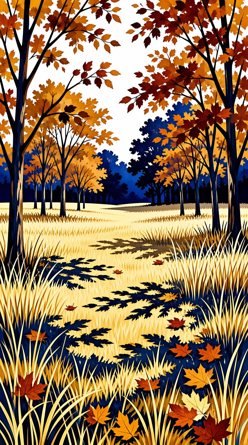 Stylized illustration of orange autumn trees standing in a bright yellow grassy field casting dark blue shadows.