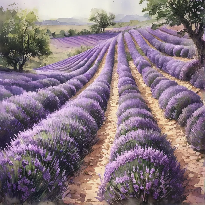 Purple lavender bushes form curved rows leading to distant mountains and trees in a watercolor style.