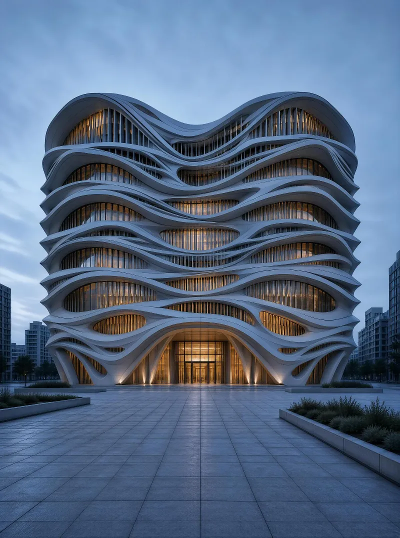 Wavy Modern Building at Dusk