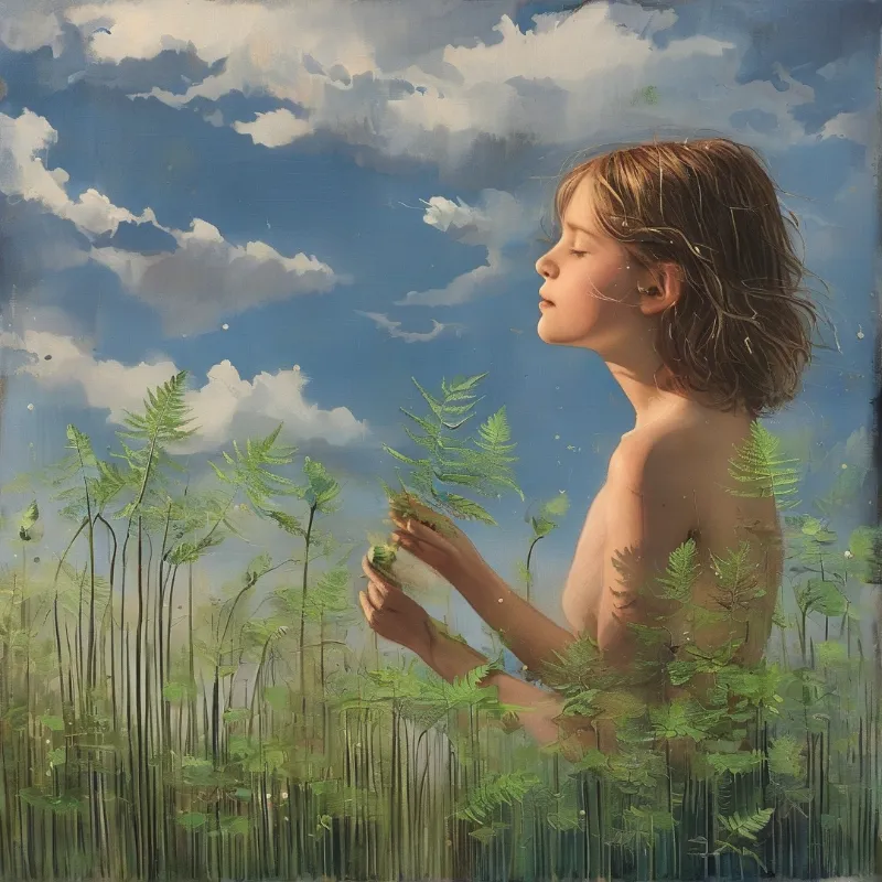 A youth with closed eyes stands in tall ferns on a bright day, their skin softly lit against a blue cloudy sky.