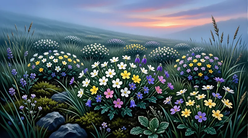Clusters of colorful wildflowers bloom across a grassy hillside as a soft sunset tints the distant hills.
