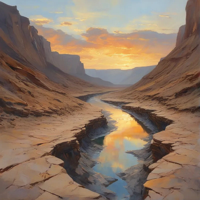 A river winds through a deep rocky canyon reflecting warm orange sunset hues above steep cliffs.