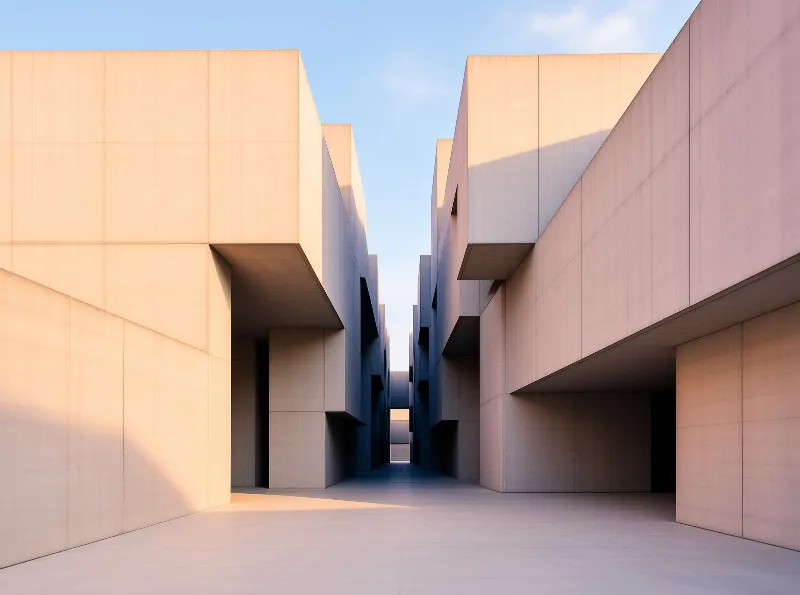 Tall beige concrete structures flank a narrow pathway leading toward a distant opening under sunlight.