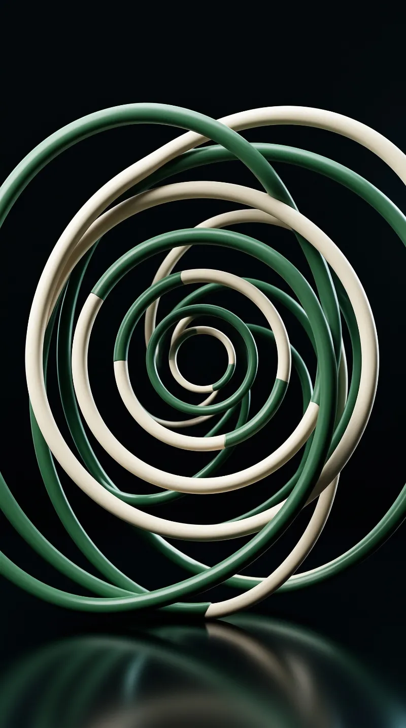 Interlocking green and cream concentric rings sit above a dark reflective surface that mirrors their blurred shapes.