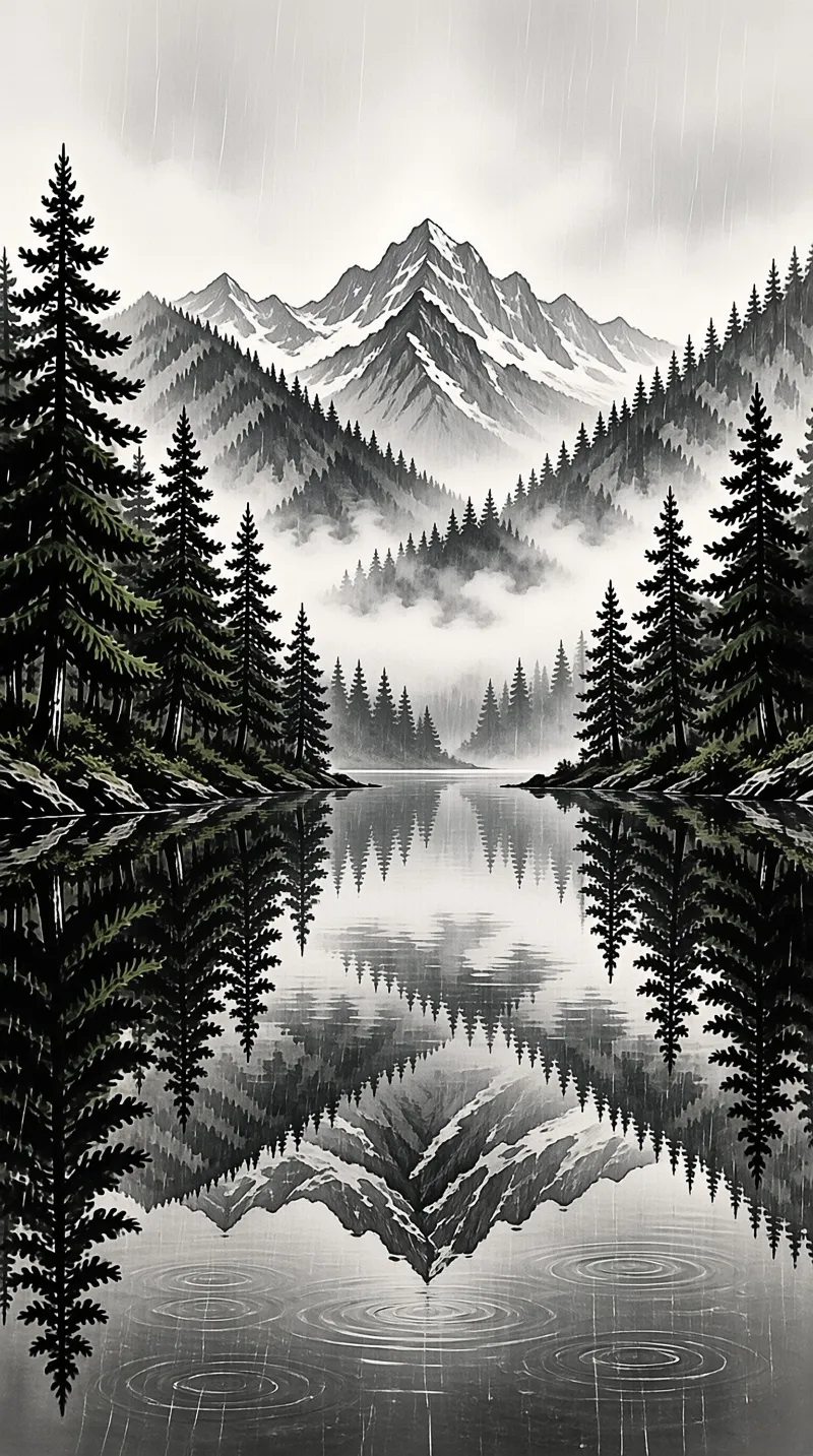 Grayscale landscape showing a snow-capped mountain range and pine forest reflected in a calm lake beneath falling rain.