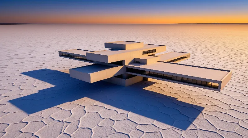 A low geometric concrete building sits isolated on a vast white cracked plain under an orange sunset sky.