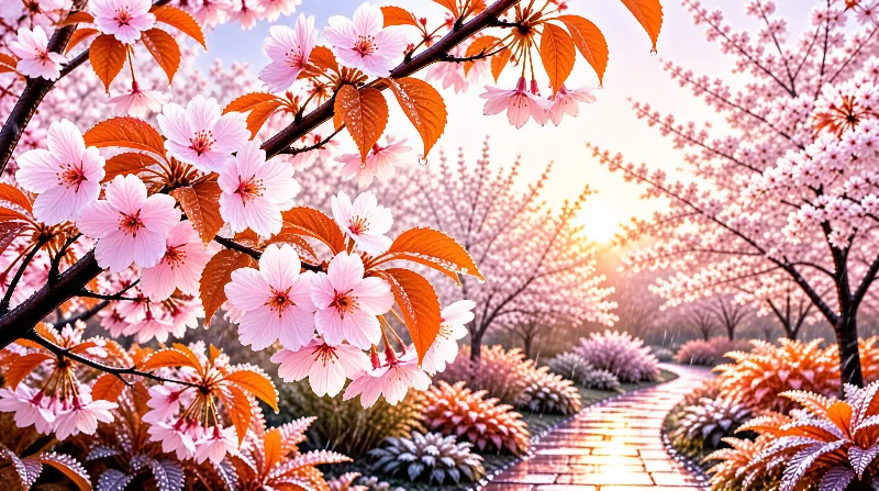 Pink cherry flowers and copper leaves frame a brick walkway glowing in soft sunset light deep in a blooming park