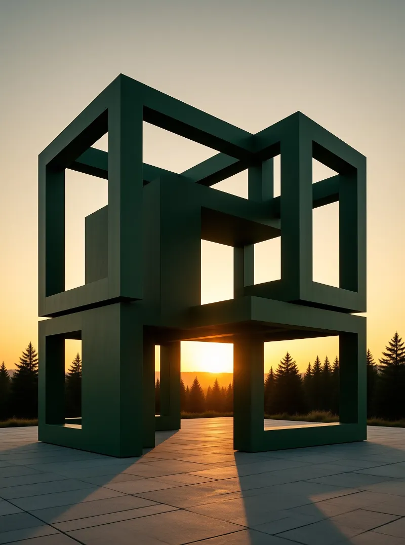 A large green geometric sculpture stands on a paved plaza with the sun setting behind pine trees.