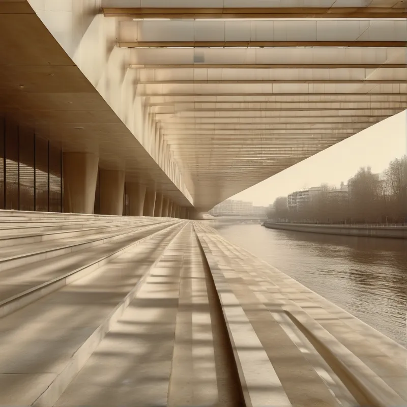 Wide concrete staircases extend beneath a modern overpass casting long shadows across the steps next to a flowing riverbank.