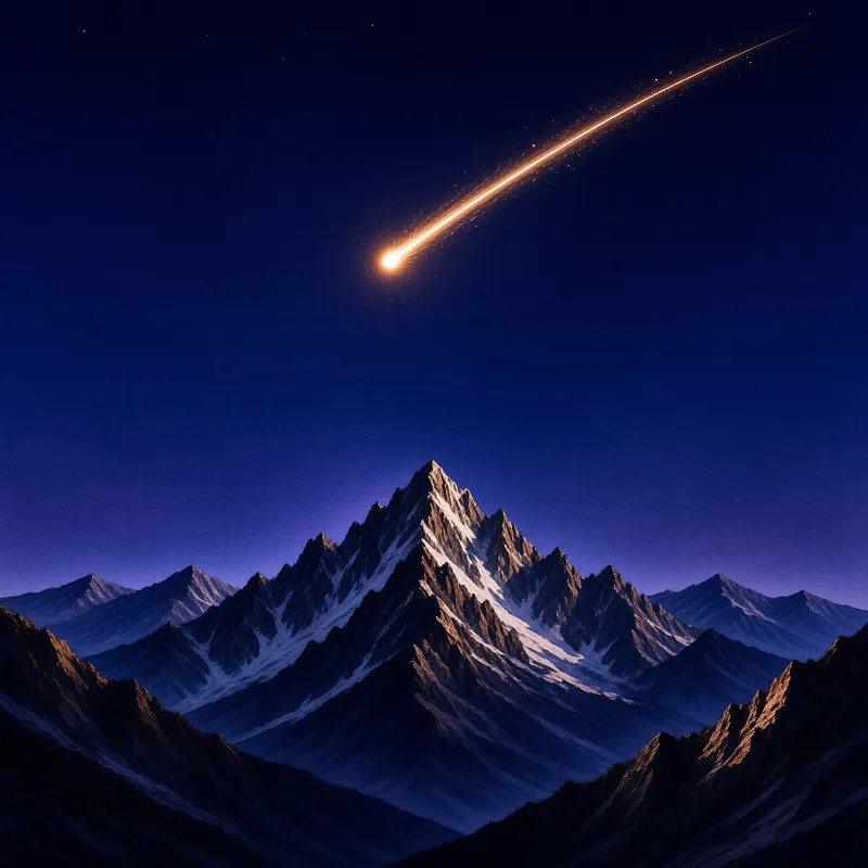 Jagged snow-covered peaks rise against a deep blue twilight sky while a bright meteor streaks a long orange trail.