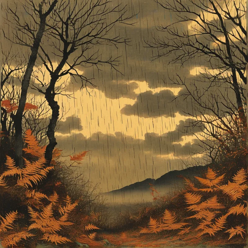 Bare trees frame a landscape of rust-colored ferns under a rainy golden sky with distant hills.