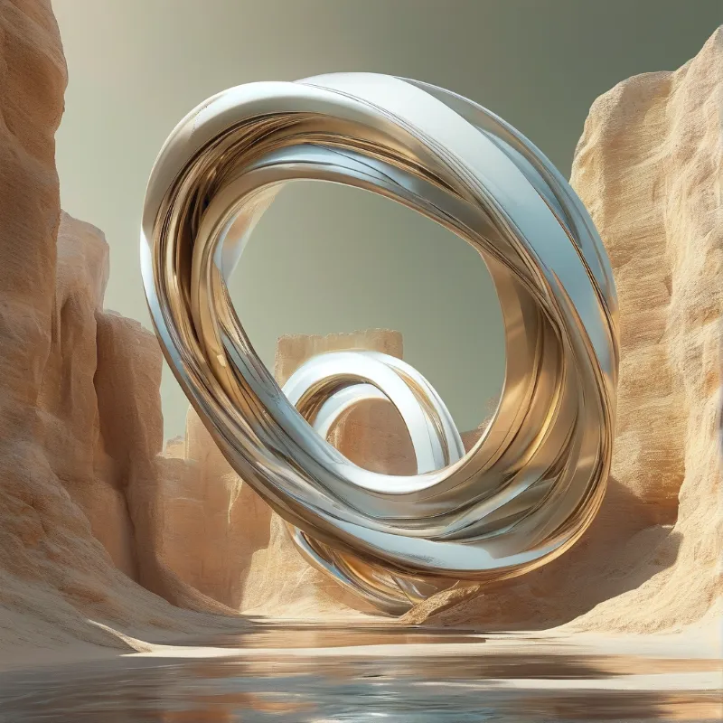 Glossy interlocked metal torus rests between layered tan rock walls, with reflective surfaces catching warm sunlight.