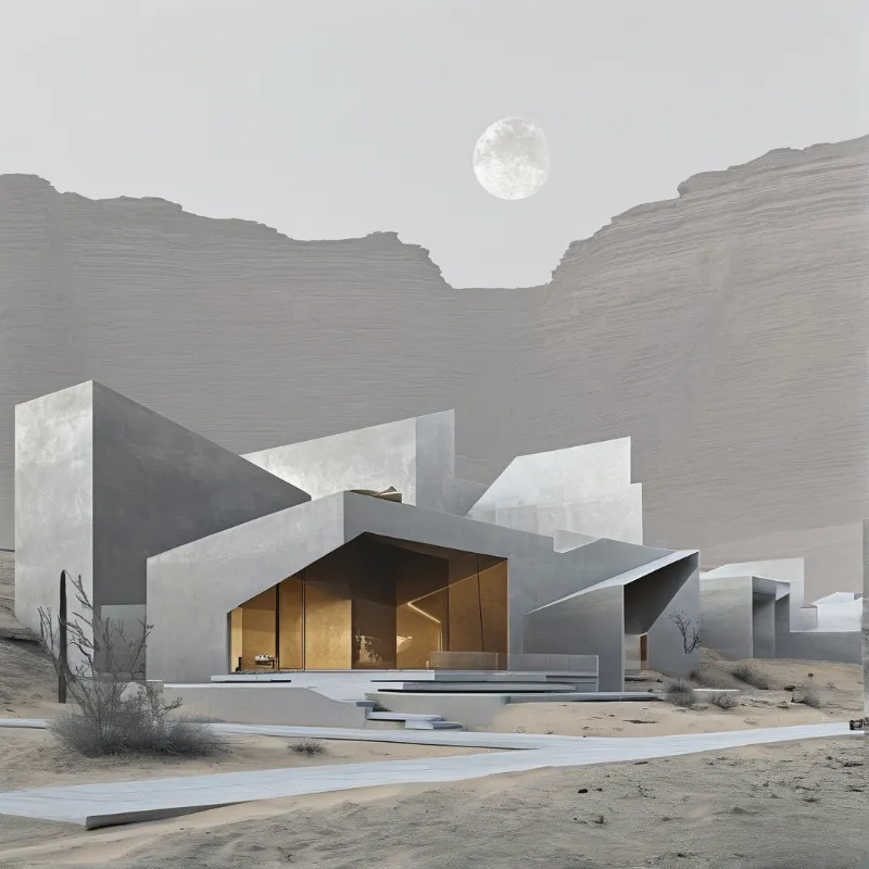 A geometric concrete building with glowing windows sits in a sandy desert landscape beneath a pale full moon.