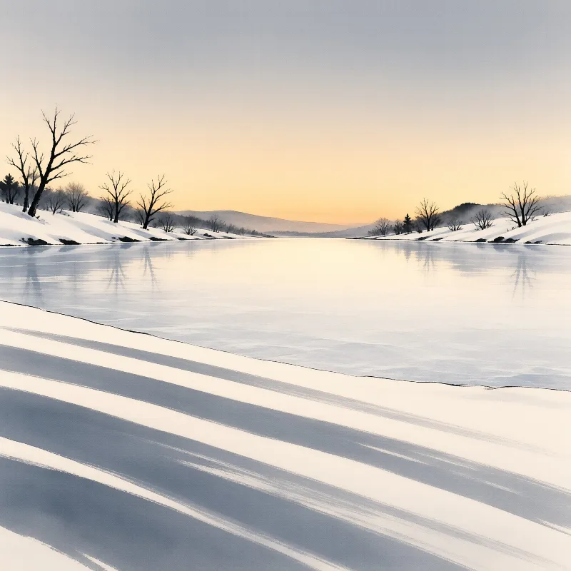 Frozen lake reflects warm orange horizon light while bare trees line snowy banks under a soft winter sky.