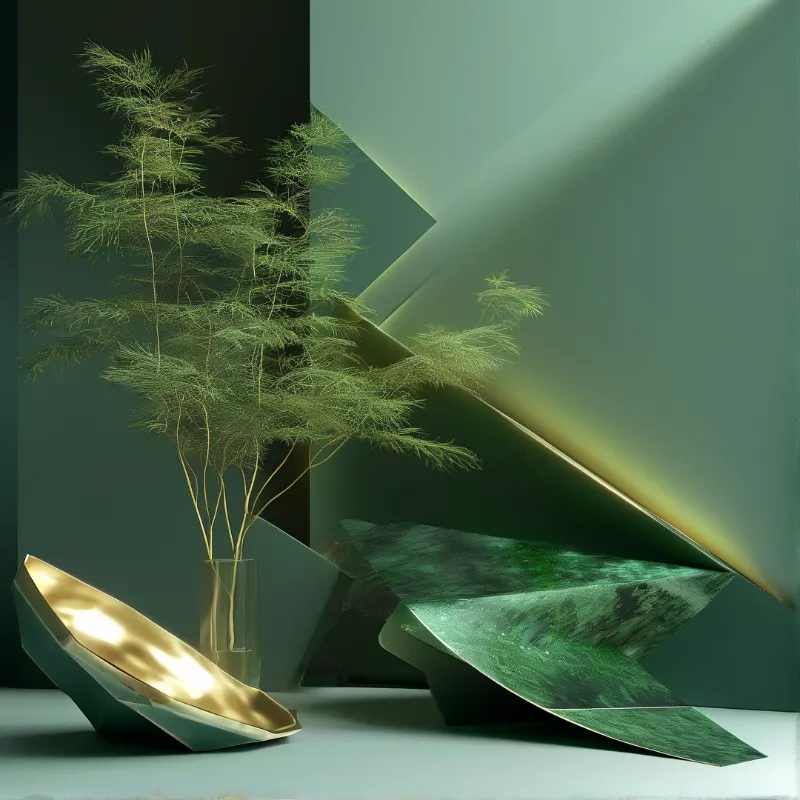 Glass vase with ferns beside abstract golden and green geometric sculptures in a soft lit space
